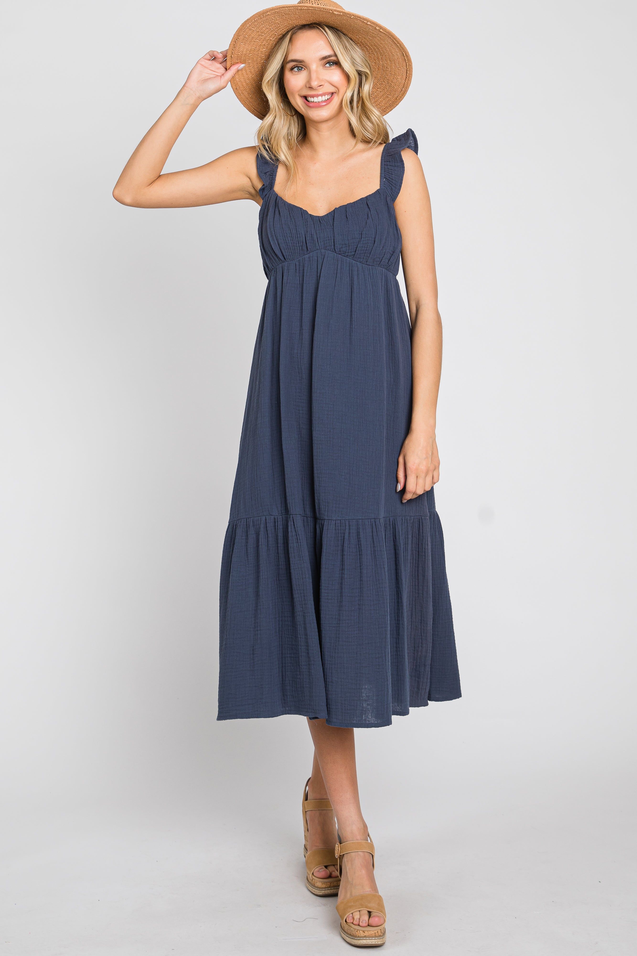 Navy Gauze Ruffle Midi Dress sold by Pinkblush