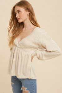 Oatmeal Long Sleeve V Neck Babydoll Blouse sold by Pinkblush