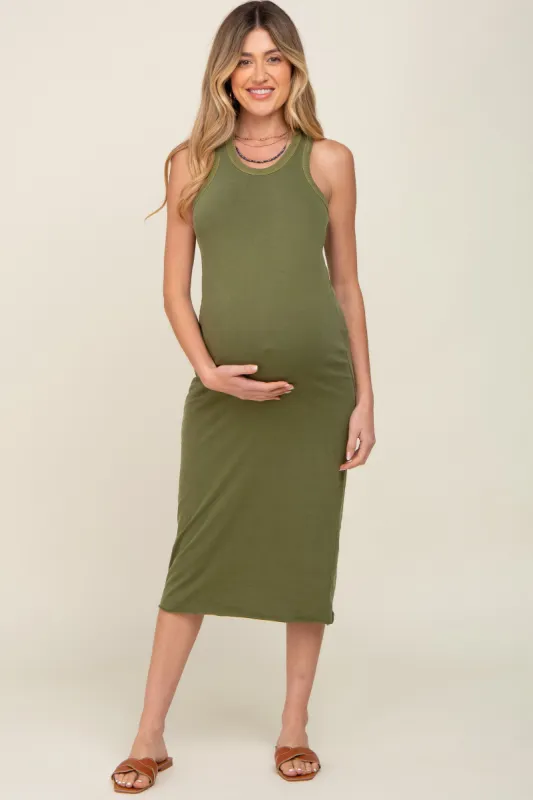 Olive Racerback Fitted Maternity Midi Dress sold by Pinkblush