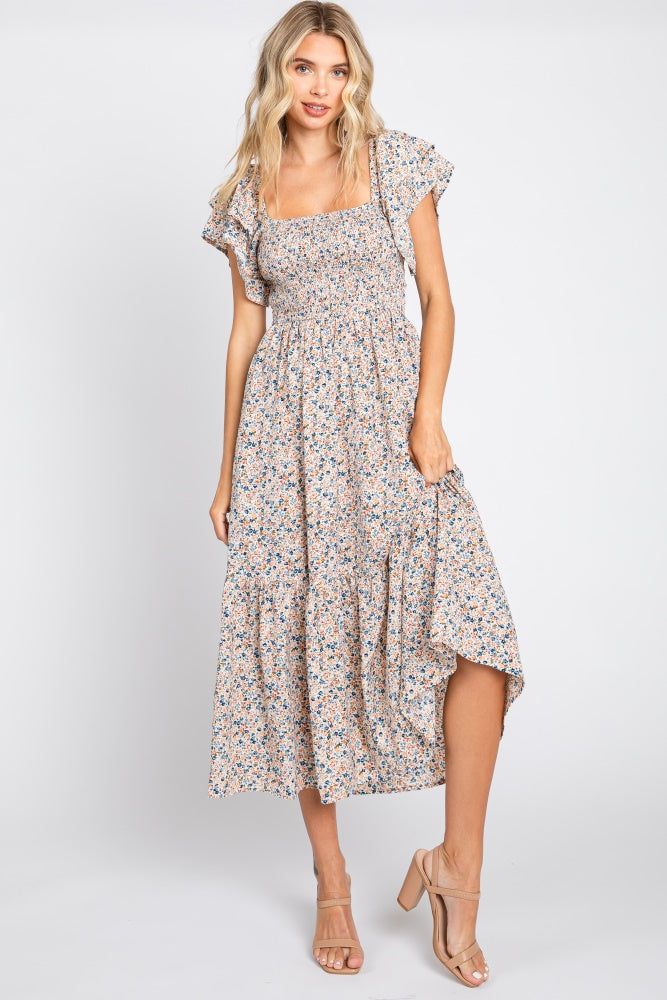 Cream Floral Flutter Midi Dress sold by Pinkblush