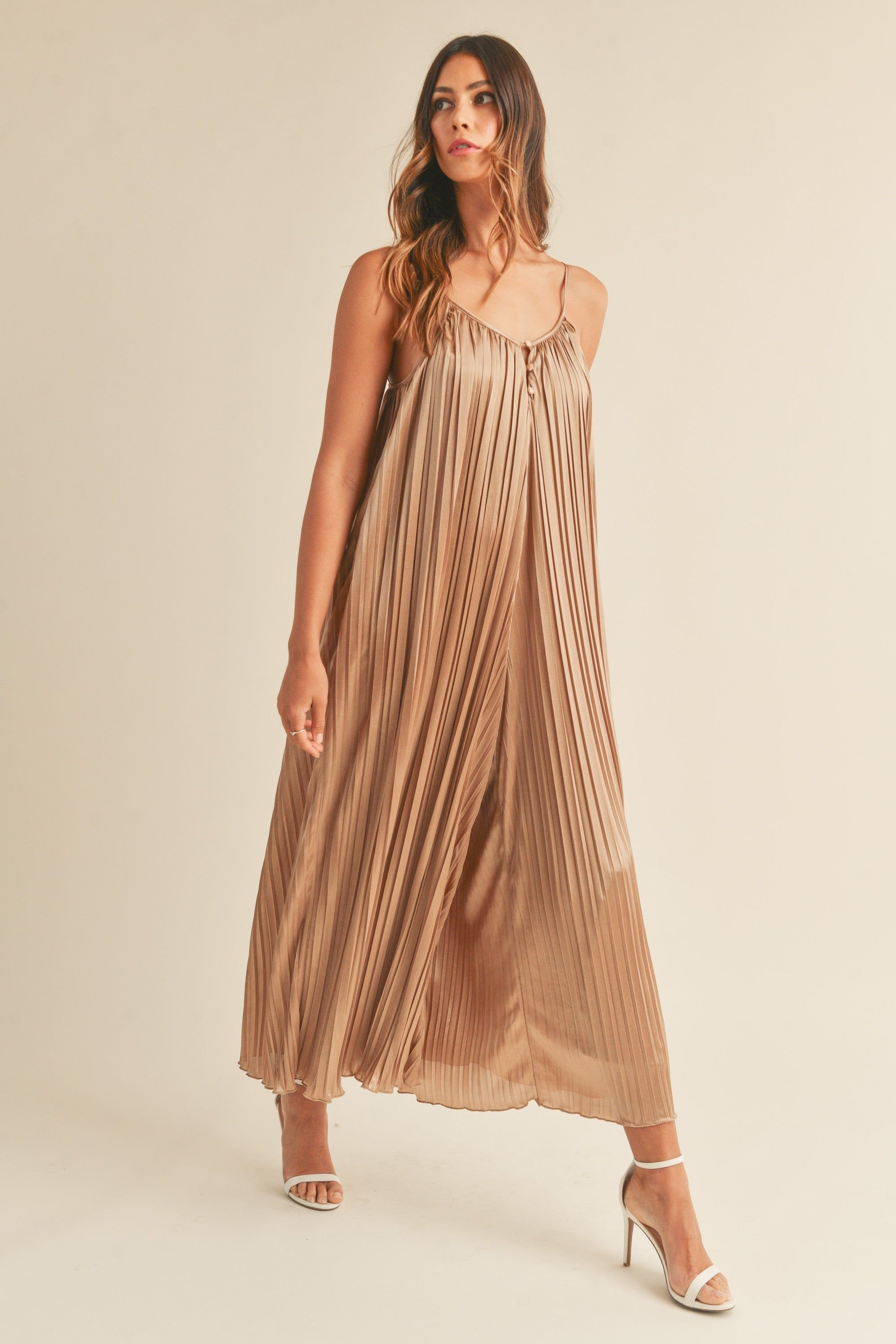 Mocha Pleated Wide Leg Sleeveless Jumpsuit sold by Pinkblush