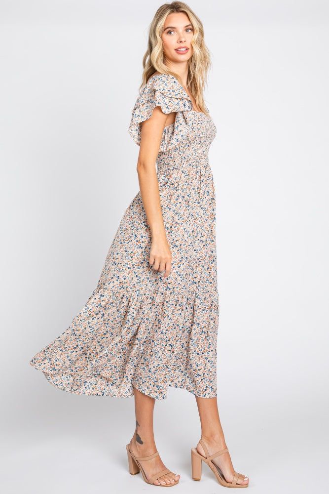 Cream Floral Flutter Midi Dress sold by Pinkblush product image thumbnail 2