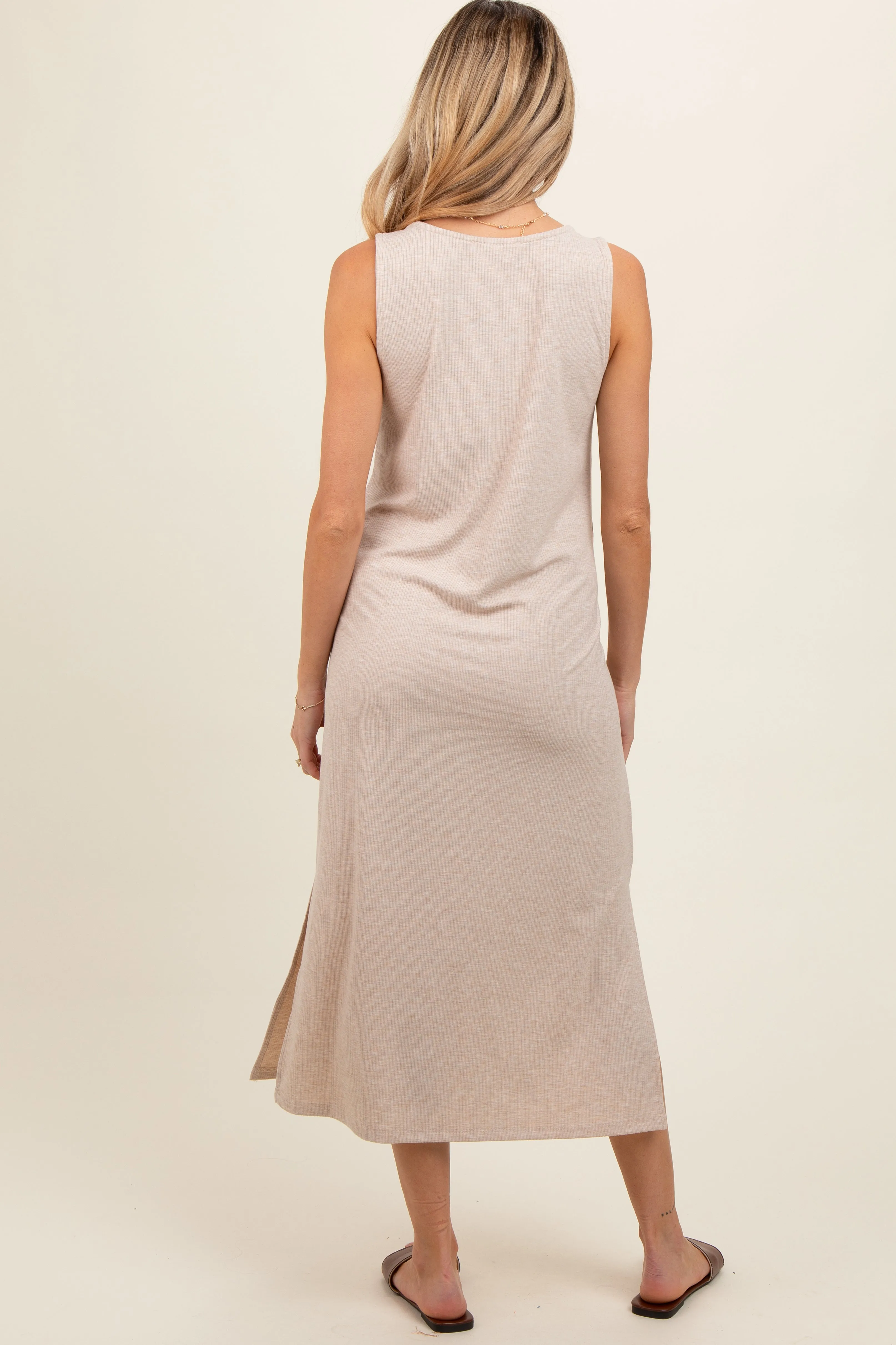 Beige Ribbed Sleeveless Maternity Midi Dress sold by Pinkblush product image thumbnail 3