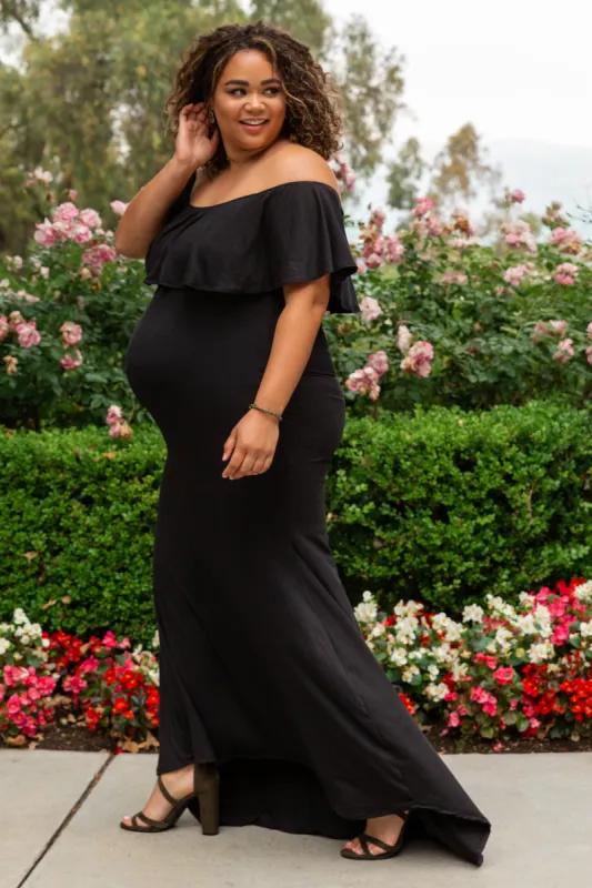 PinkBlush Black Ruffle Off Shoulder Mermaid Maternity Plus Photoshoot Gown/Dress sold by Pinkblush
