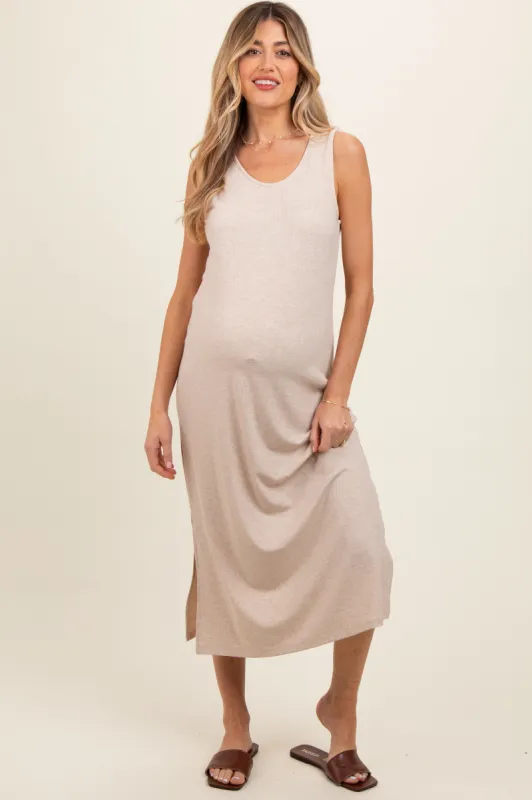 Beige Ribbed Sleeveless Maternity Midi Dress sold by Pinkblush