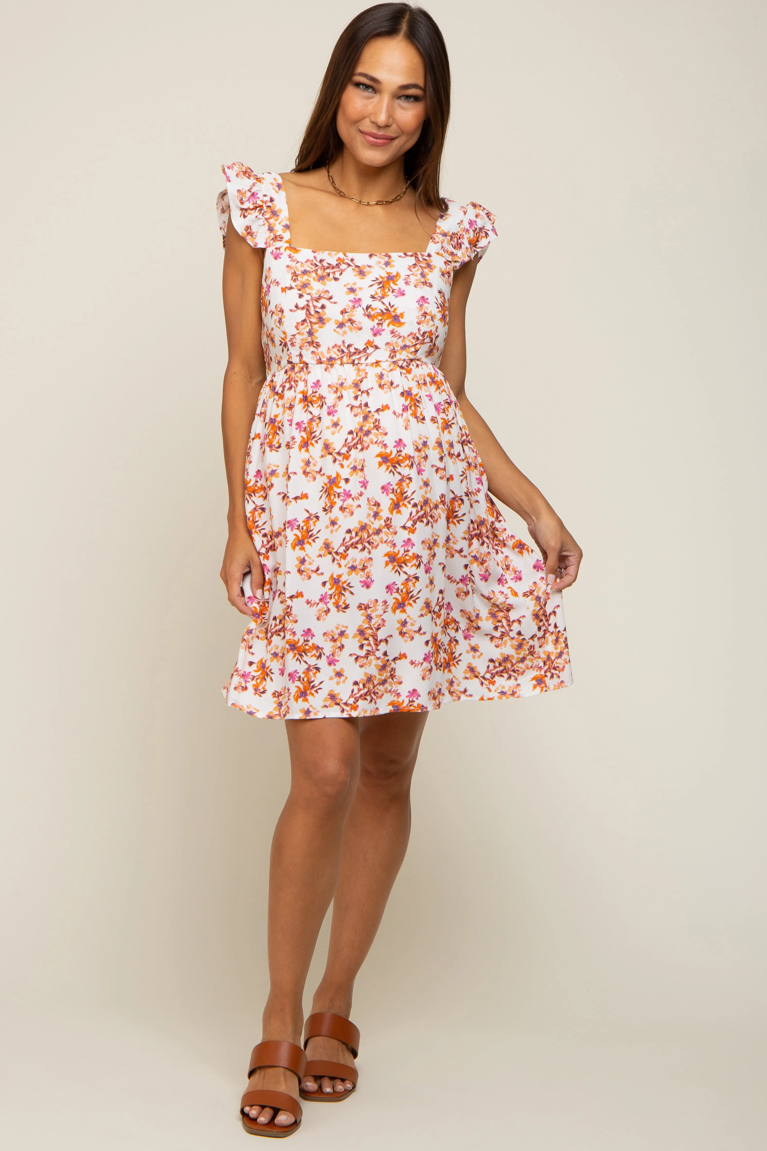 Ivory Leaf Print Ruffle Accent Maternity Dress sold by Pinkblush