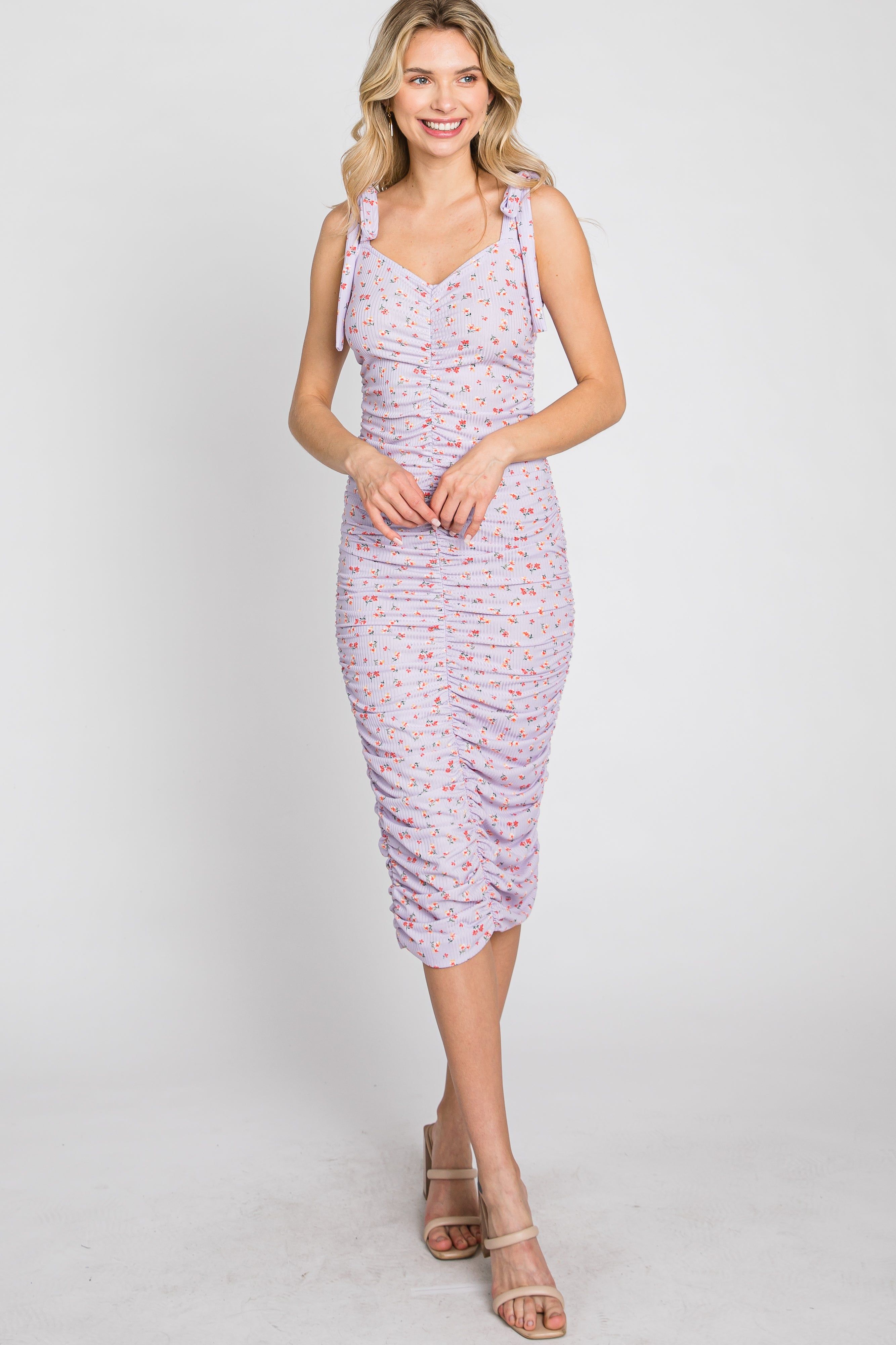Lavender Floral Sleeveless Ruched Midi Dress sold by Pinkblush