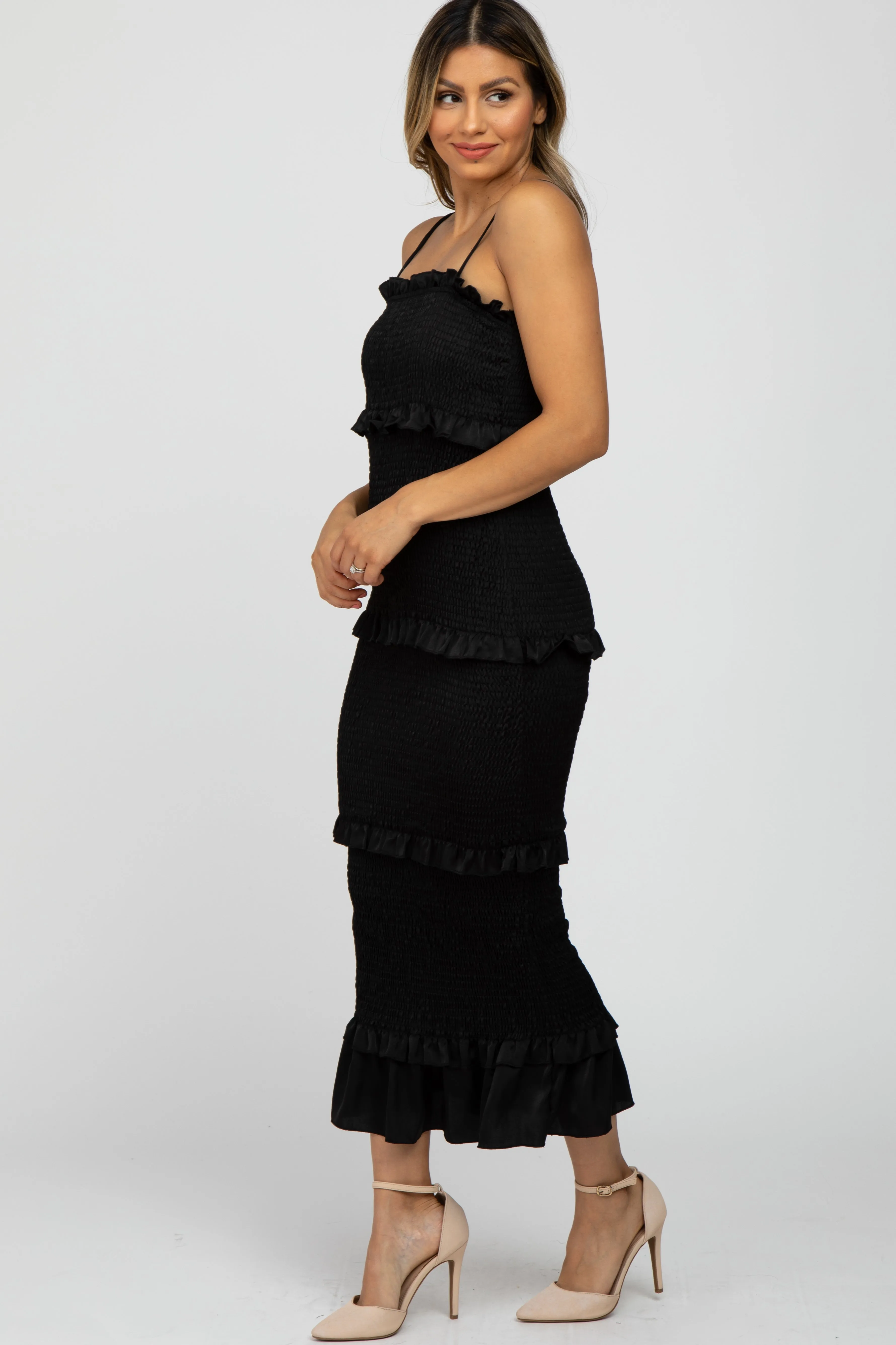 Black Satin Smocked Fitted Midi Dress sold by Pinkblush product image thumbnail 2