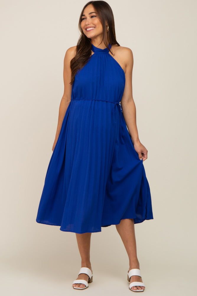 Royal Blue Pleated Halter Maternity Midi Dress sold by Pinkblush