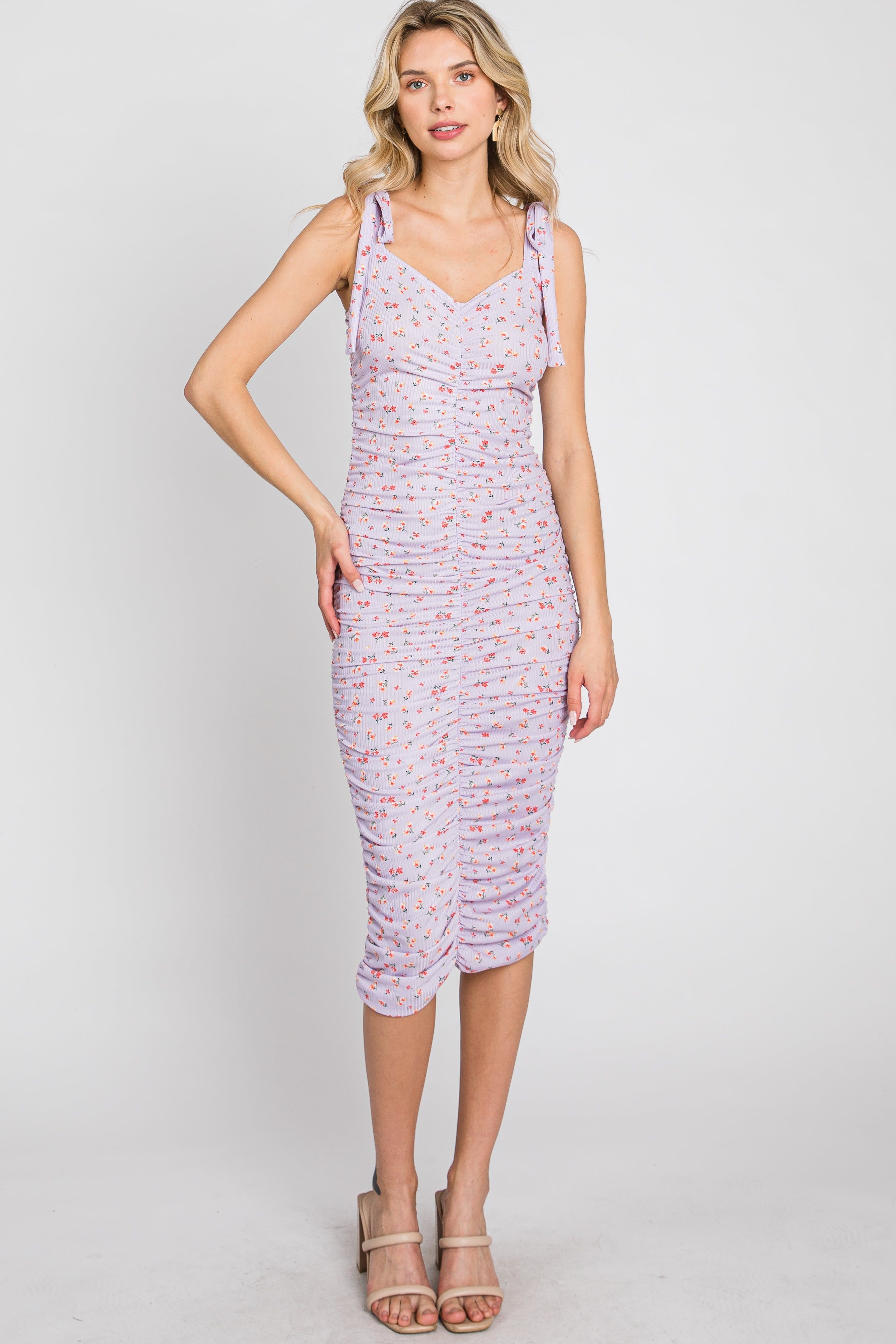 Lavender Floral Sleeveless Ruched Midi Dress sold by Pinkblush product image thumbnail 2