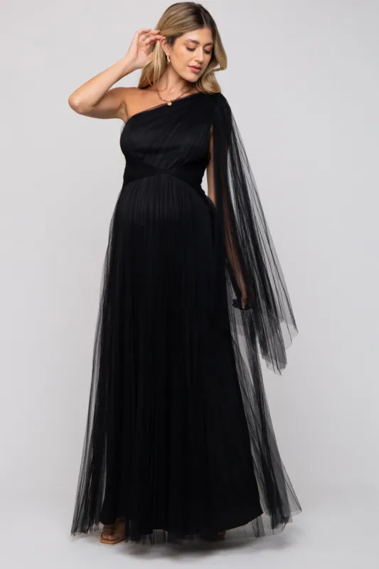 Black One Shoulder Pleated Mesh Maternity Gown sold by Pinkblush