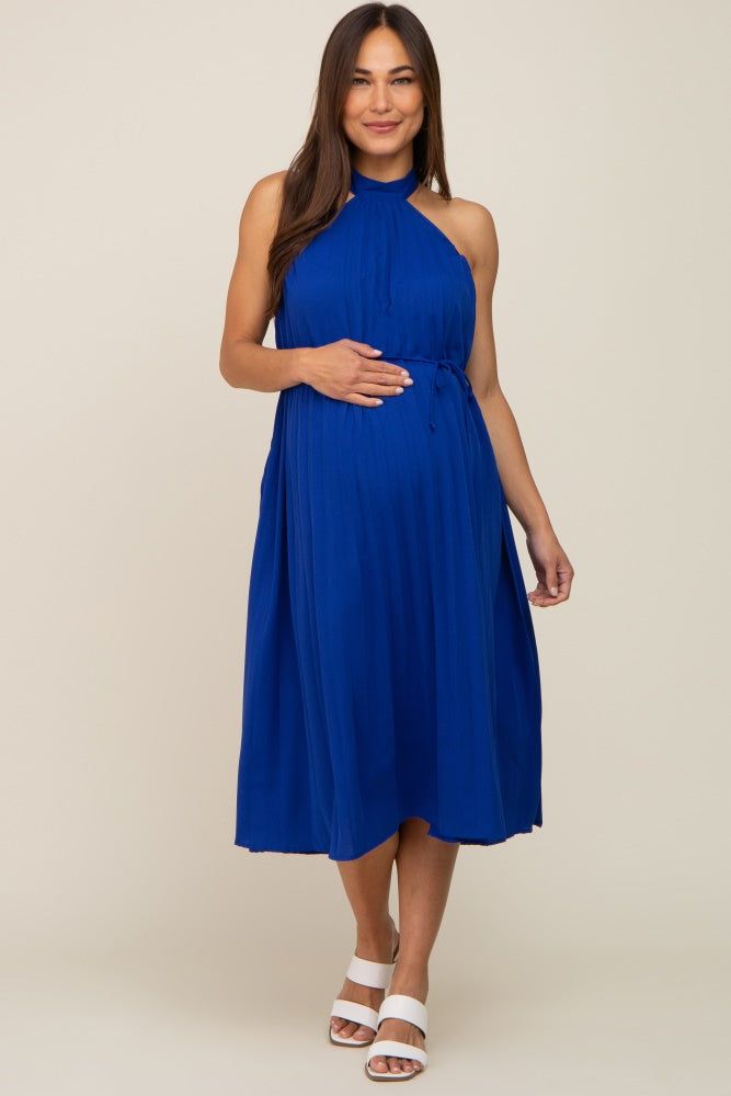 Royal Blue Pleated Halter Maternity Midi Dress sold by Pinkblush product image thumbnail 2