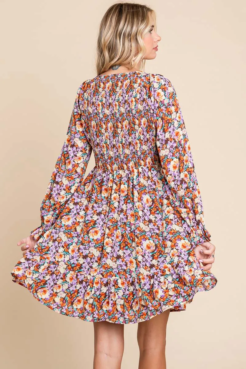 Brown Floral Smocked V-Neck Dress sold by Pinkblush product image thumbnail 3