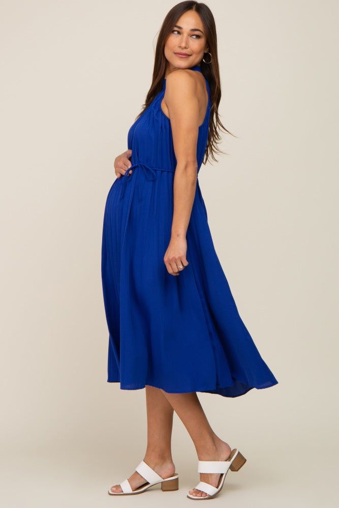 Royal Blue Pleated Halter Maternity Midi Dress sold by Pinkblush product image thumbnail 3