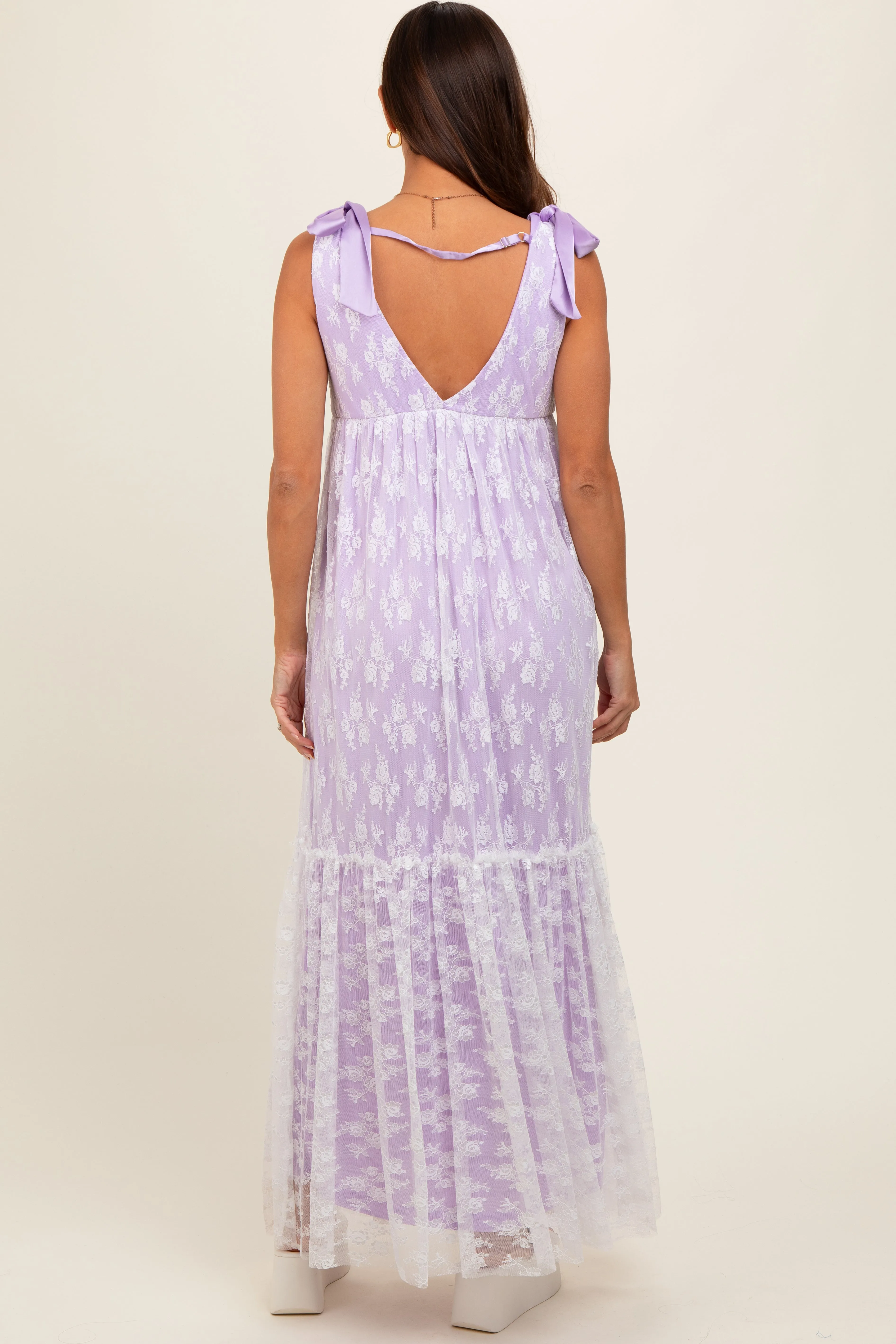 Lavender V-Neck Satin Tie Lace Overlay Maternity Maxi Dress sold by Pinkblush product image thumbnail 3