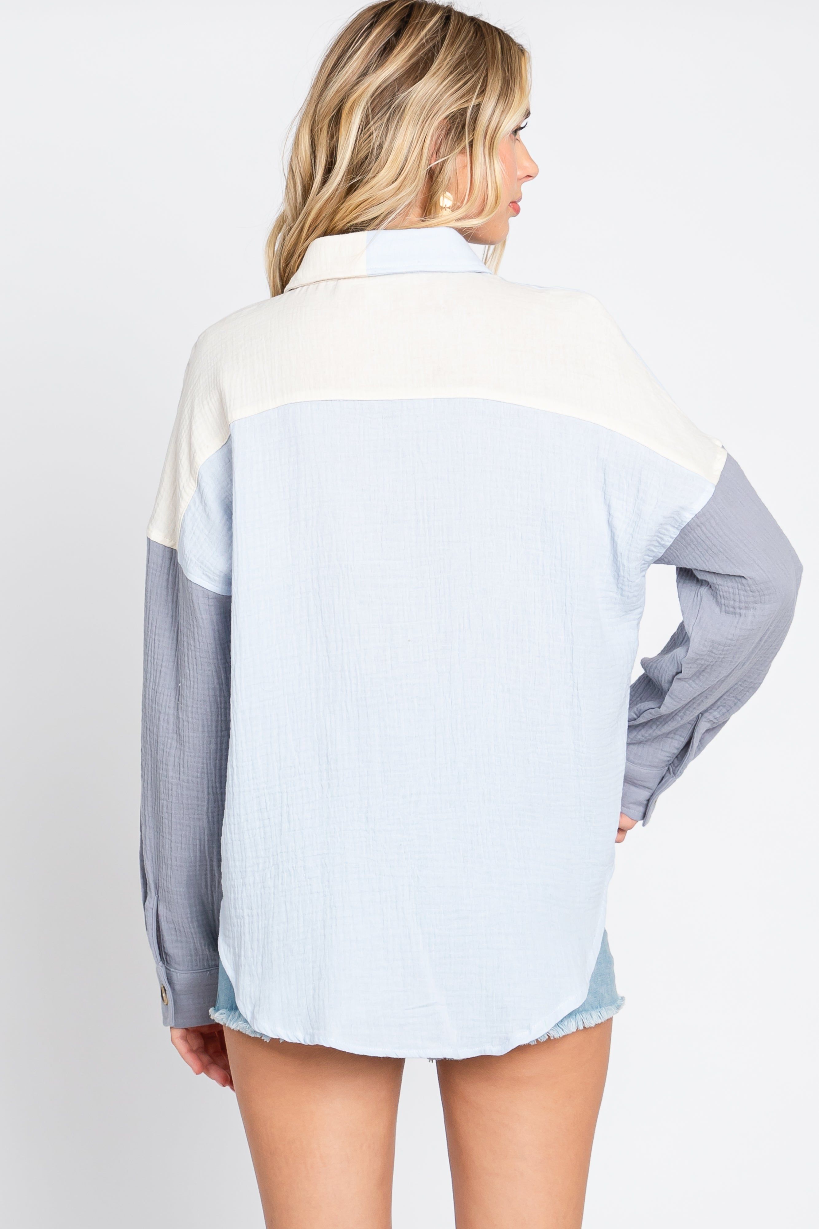 Blue Color Blocked Button Front Gauze Top sold by Pinkblush product image thumbnail 4