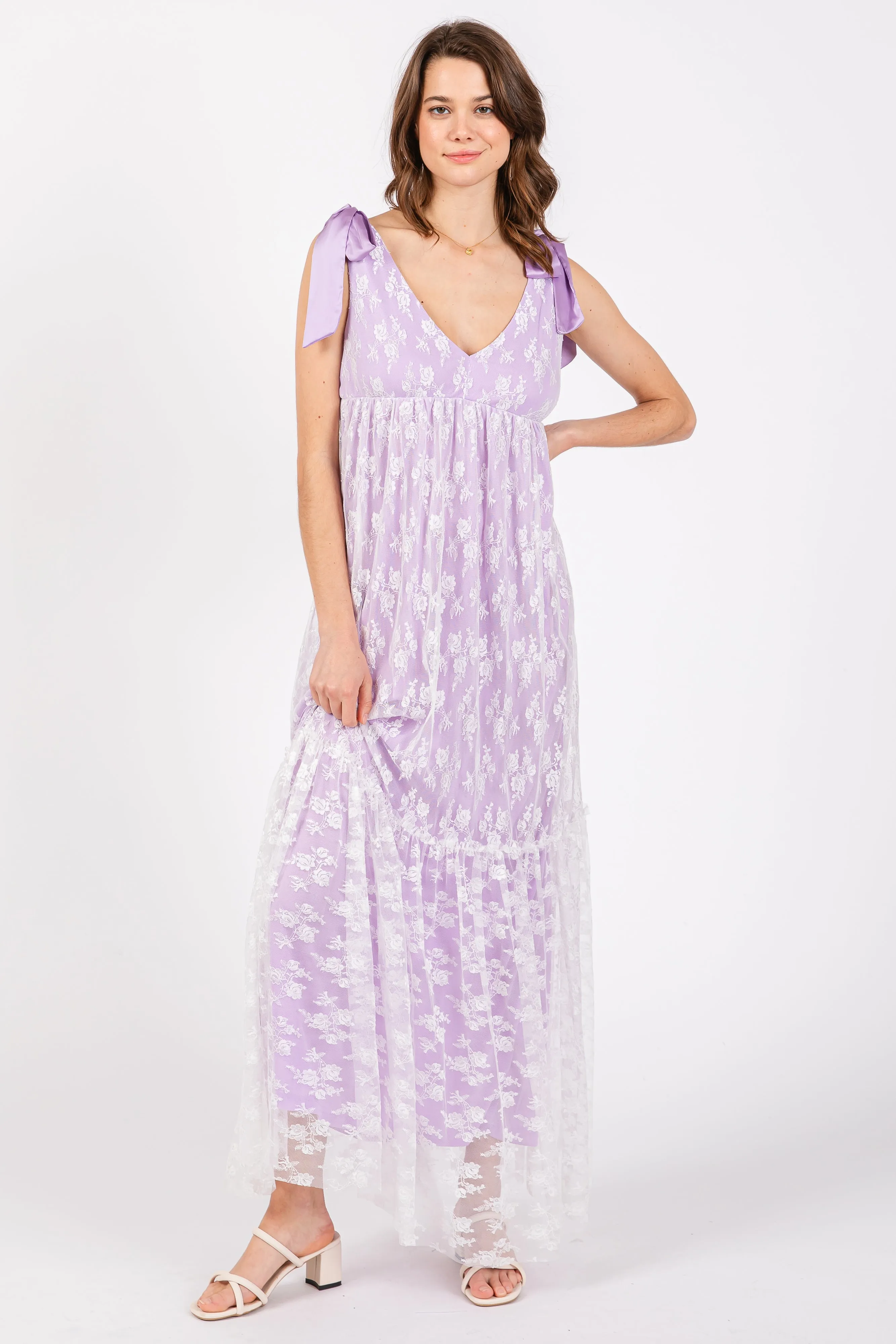 Lavender V-Neck Satin Tie Lace Overlay Maternity Maxi Dress sold by Pinkblush product image thumbnail 4