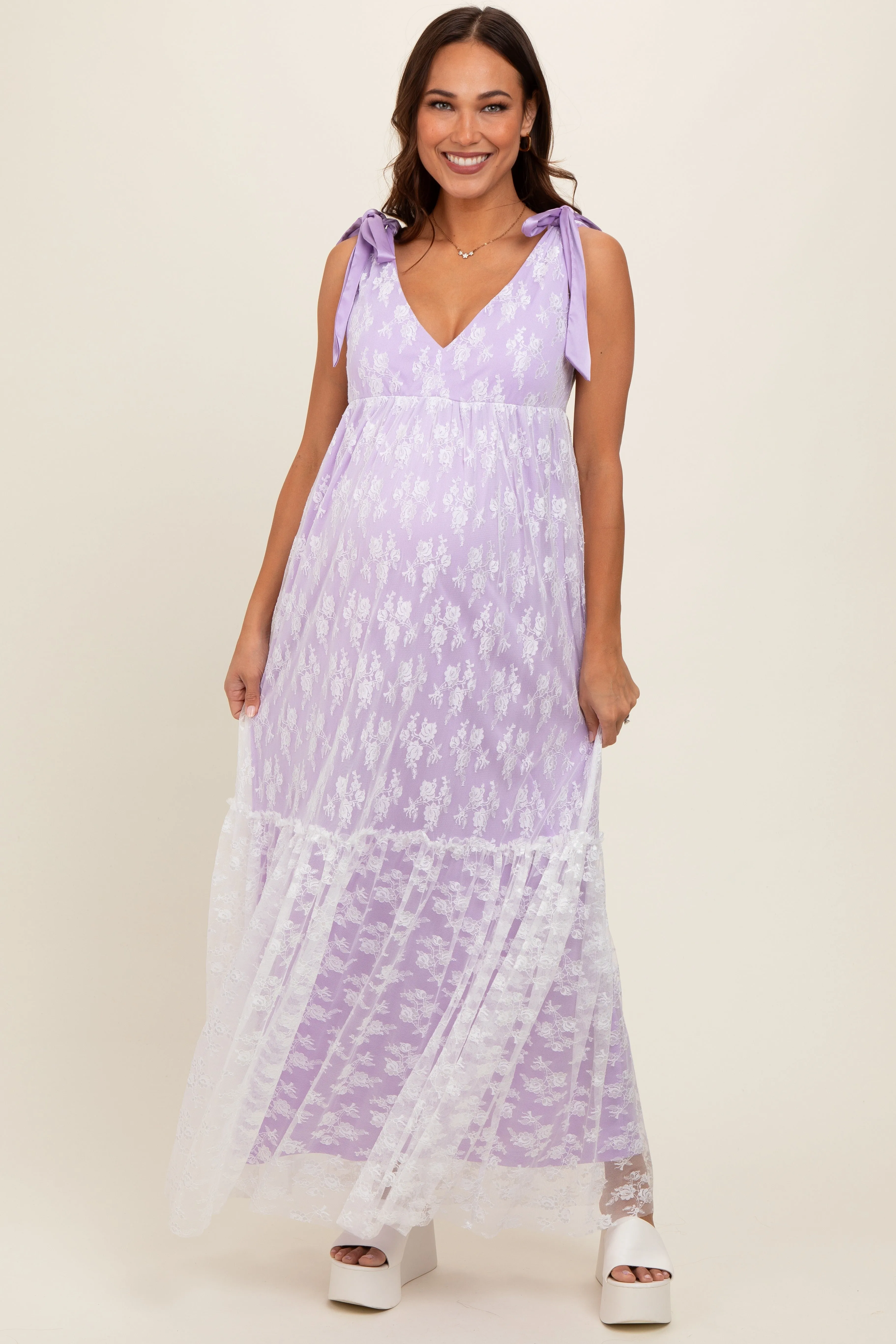 Lavender V-Neck Satin Tie Lace Overlay Maternity Maxi Dress sold by Pinkblush