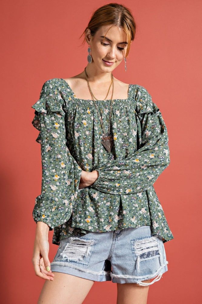 Sage Grey Floral Printed Loose Fit Top sold by Pinkblush