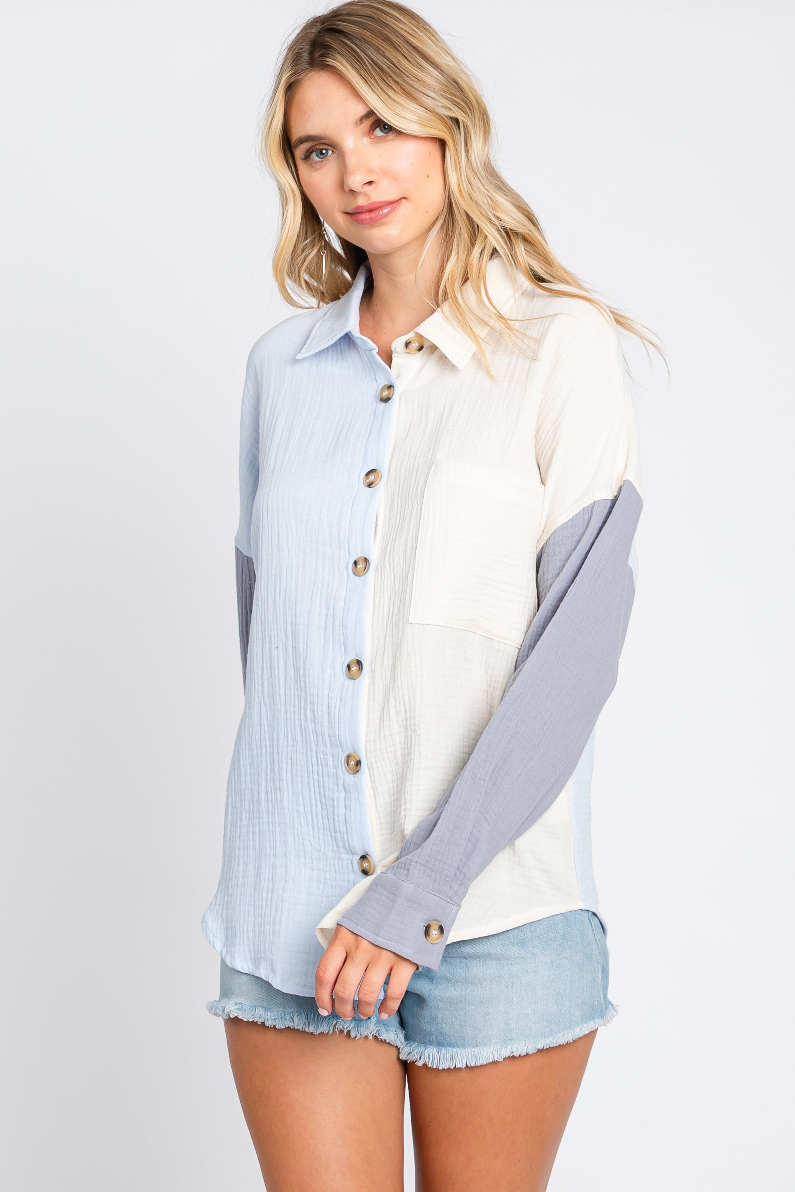 Blue Color Blocked Button Front Gauze Top sold by Pinkblush product image thumbnail 2
