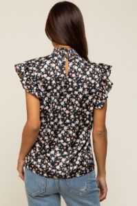 Black Floral Satin Smocked Neck Maternity Blouse sold by Pinkblush