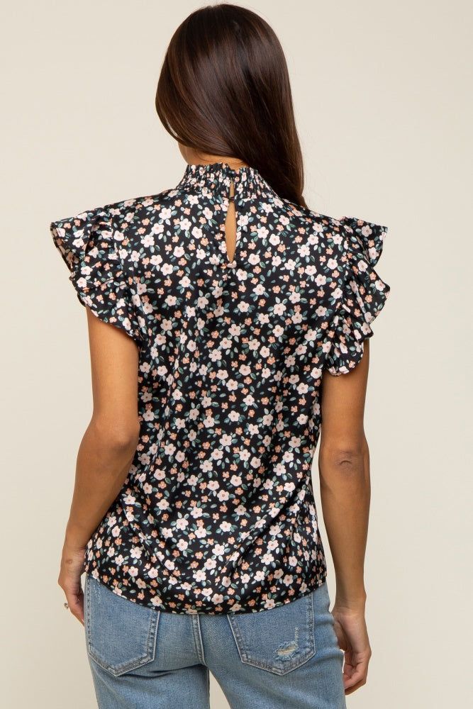 Black Floral Satin Smocked Neck Maternity Blouse sold by Pinkblush product image thumbnail 3
