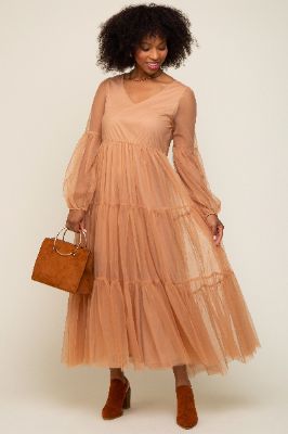 Rust Mesh Overlay Tiered Maxi Dress sold by Pinkblush