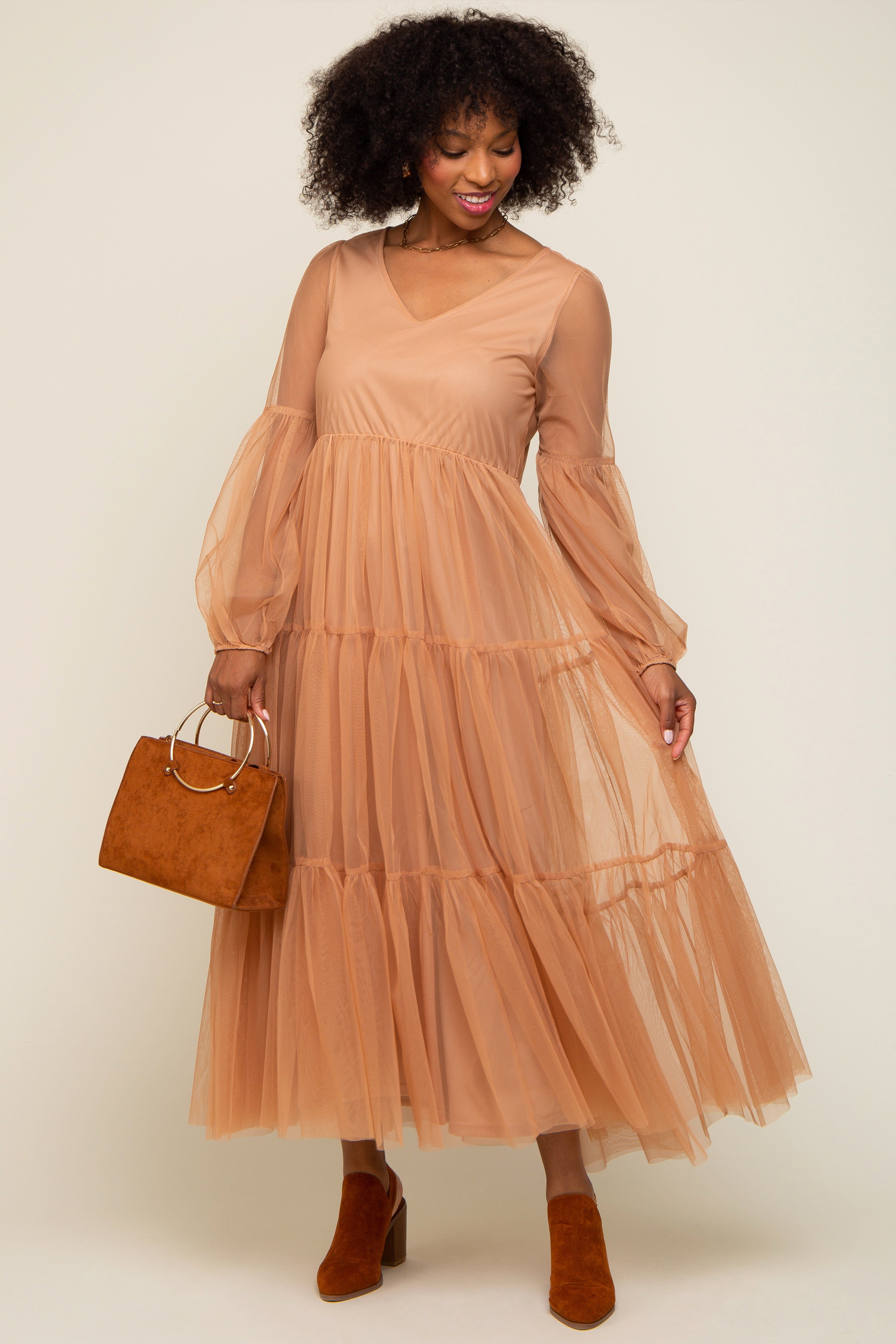 Rust Mesh Overlay Tiered Maxi Dress sold by Pinkblush