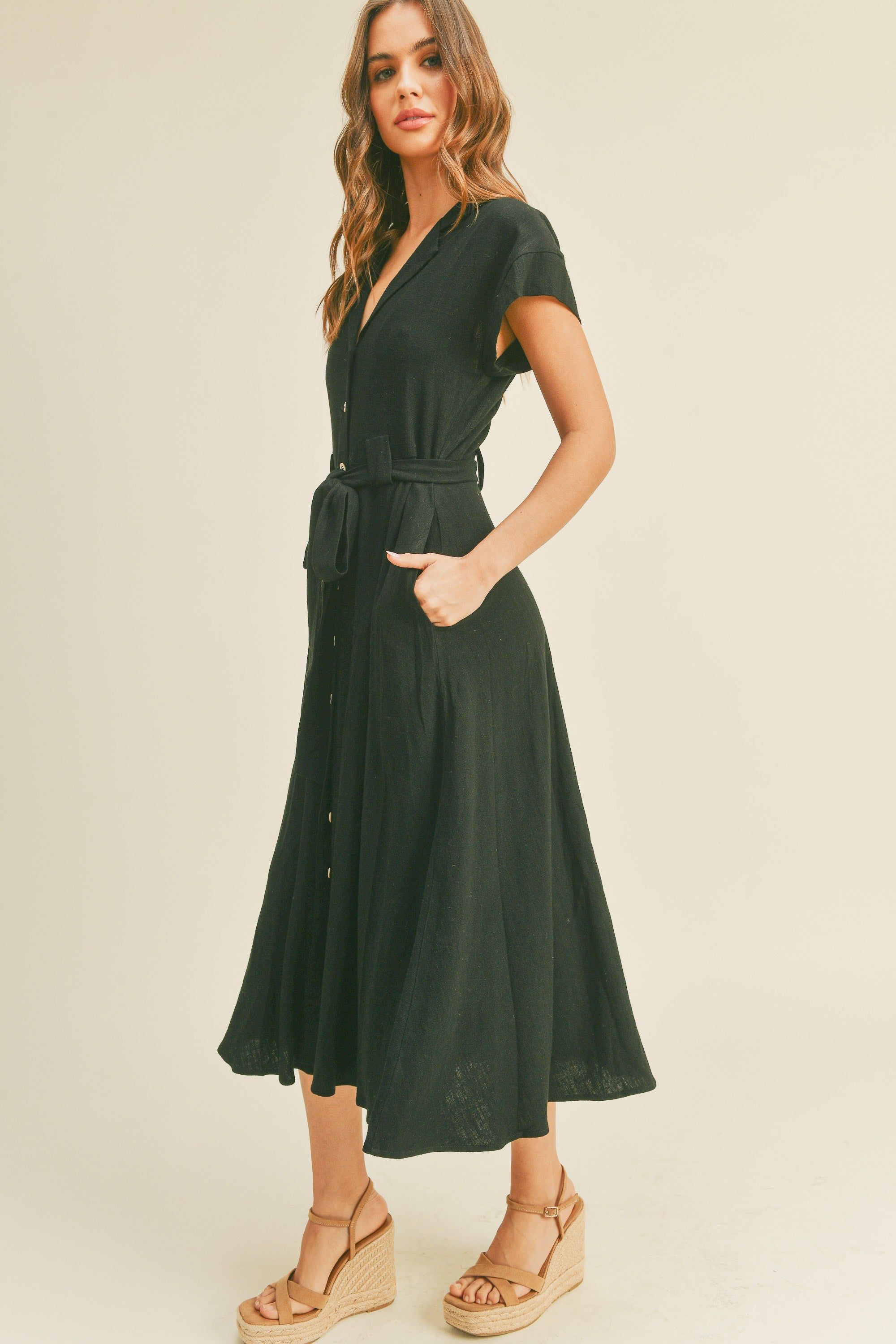 Black V-Neck Buttondown A Line Shirt Dress sold by Pinkblush product image thumbnail 3