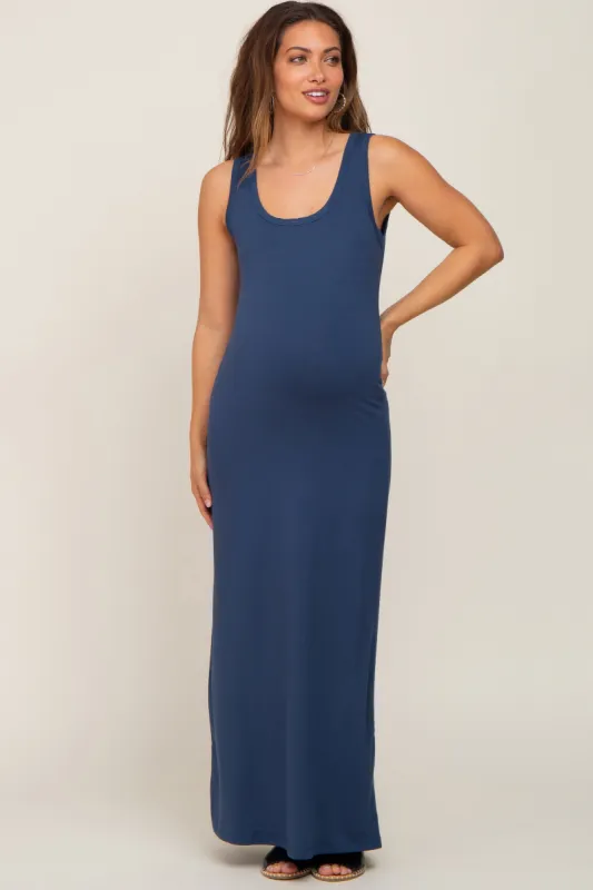 Blue Basic Sleeveless Maternity Maxi Dress sold by Pinkblush