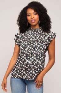 Black Floral Satin Smocked Neck Maternity Blouse sold by Pinkblush