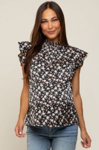 Black Floral Satin Smocked Neck Maternity Blouse sold by Pinkblush