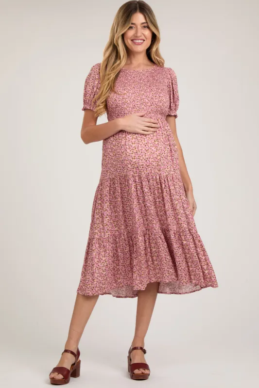 Pink Floral Smocked Maternity Midi Dress sold by Pinkblush