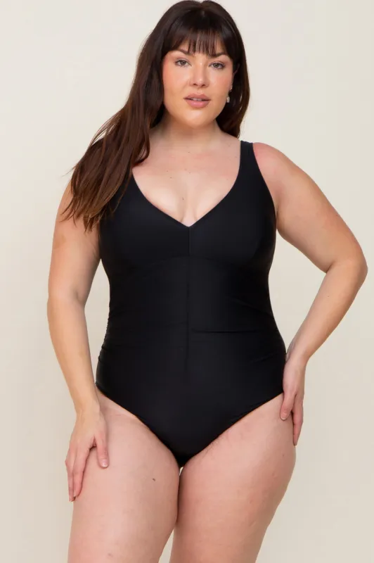 Black Ruched Plus One Piece Swimsuit sold by Pinkblush