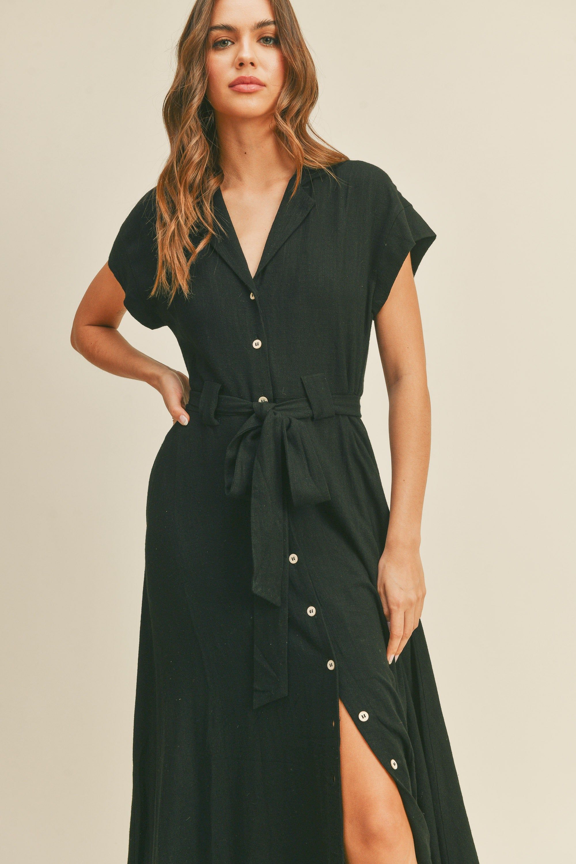 Black V-Neck Buttondown A Line Shirt Dress sold by Pinkblush product image thumbnail 5