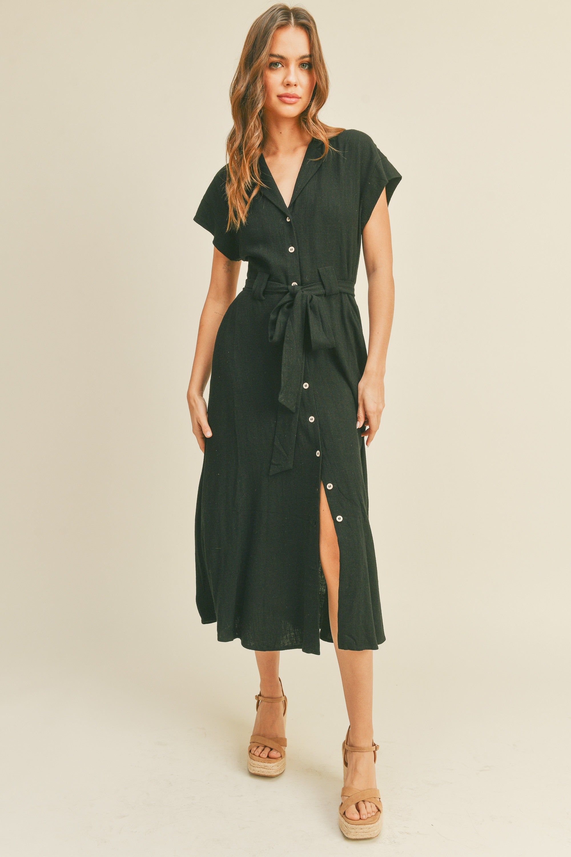 Black V-Neck Buttondown A Line Shirt Dress sold by Pinkblush product image thumbnail 2
