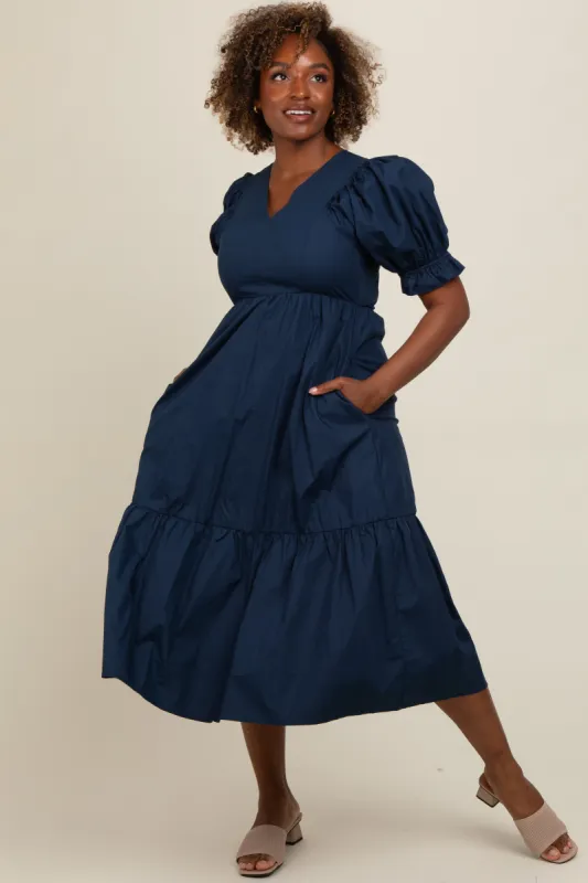 Navy Short Puff Sleeve Tiered Midi Dress sold by Pinkblush