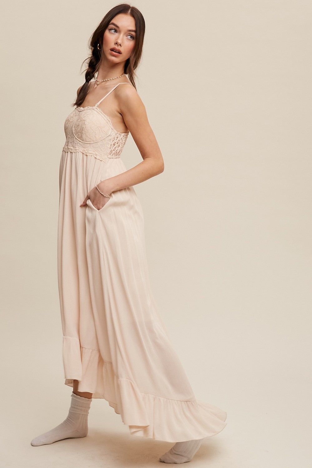 Cream High-Low Knit Lace Dress sold by Pinkblush product image thumbnail 3