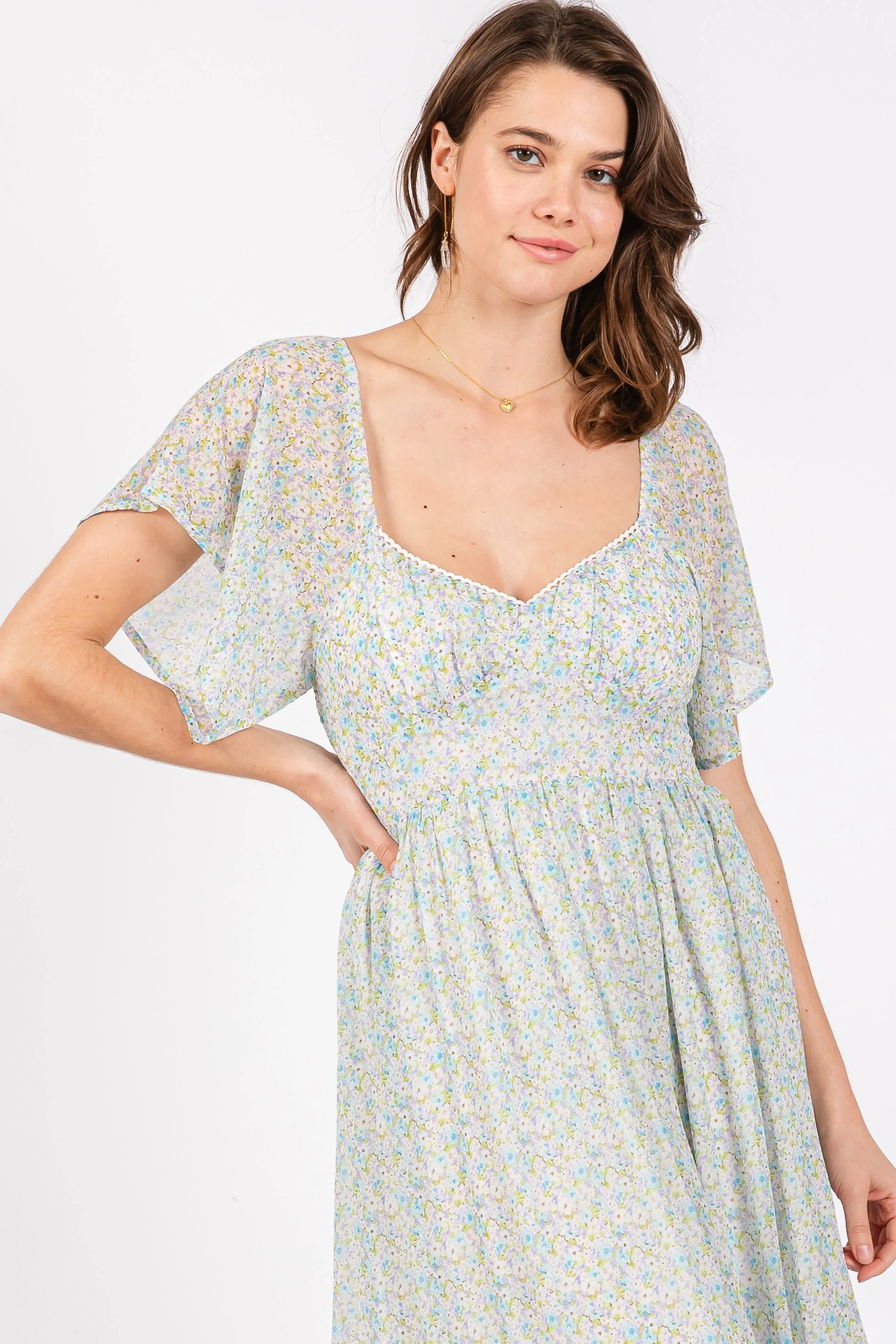 Light Blue Floral Flounce Sleeve Midi Dress sold by Pinkblush product image thumbnail 4
