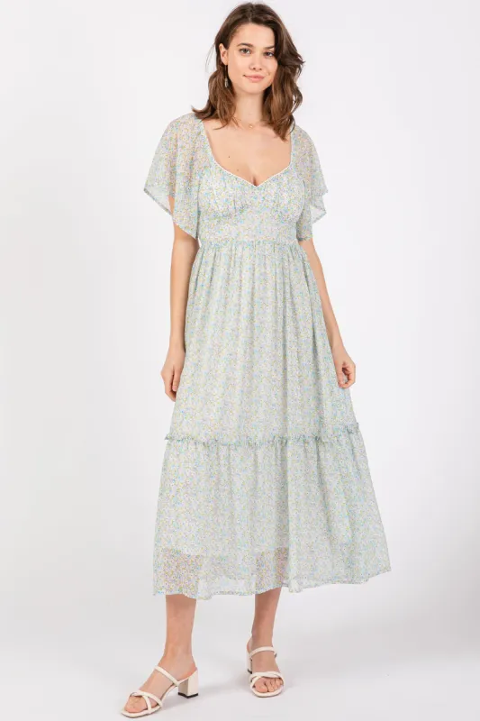 Light Blue Floral Flounce Sleeve Midi Dress sold by Pinkblush