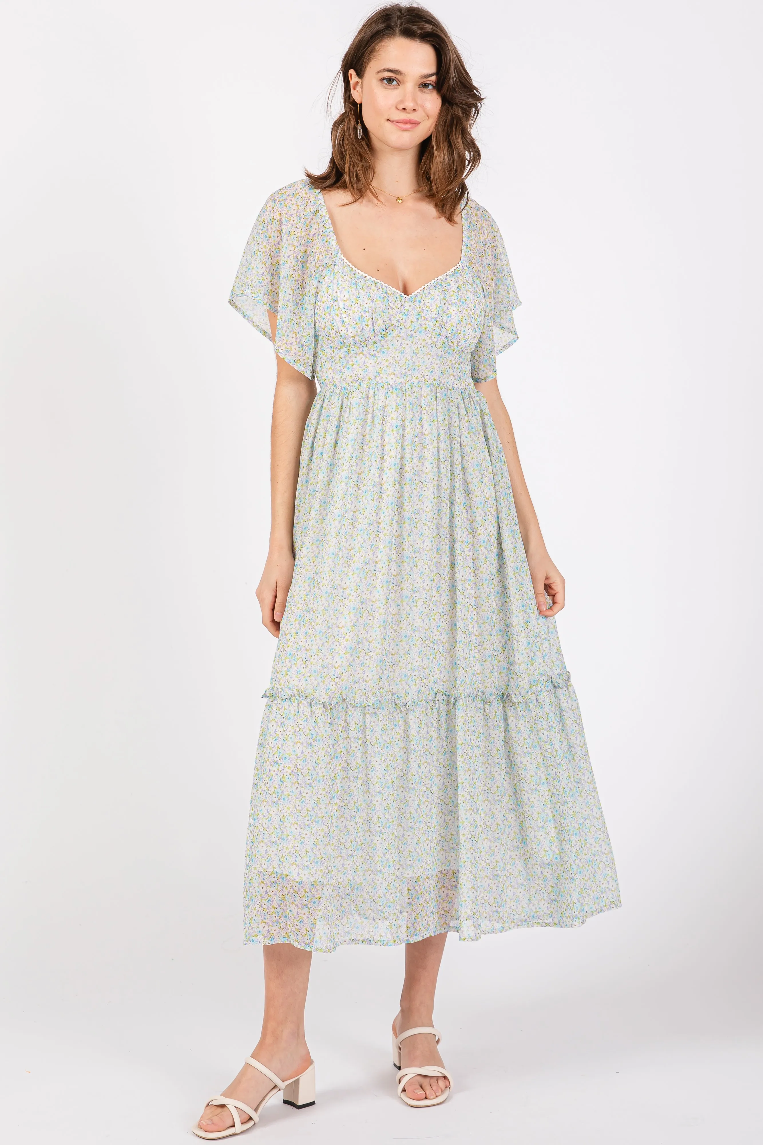 Light Blue Floral Flounce Sleeve Midi Dress sold by Pinkblush