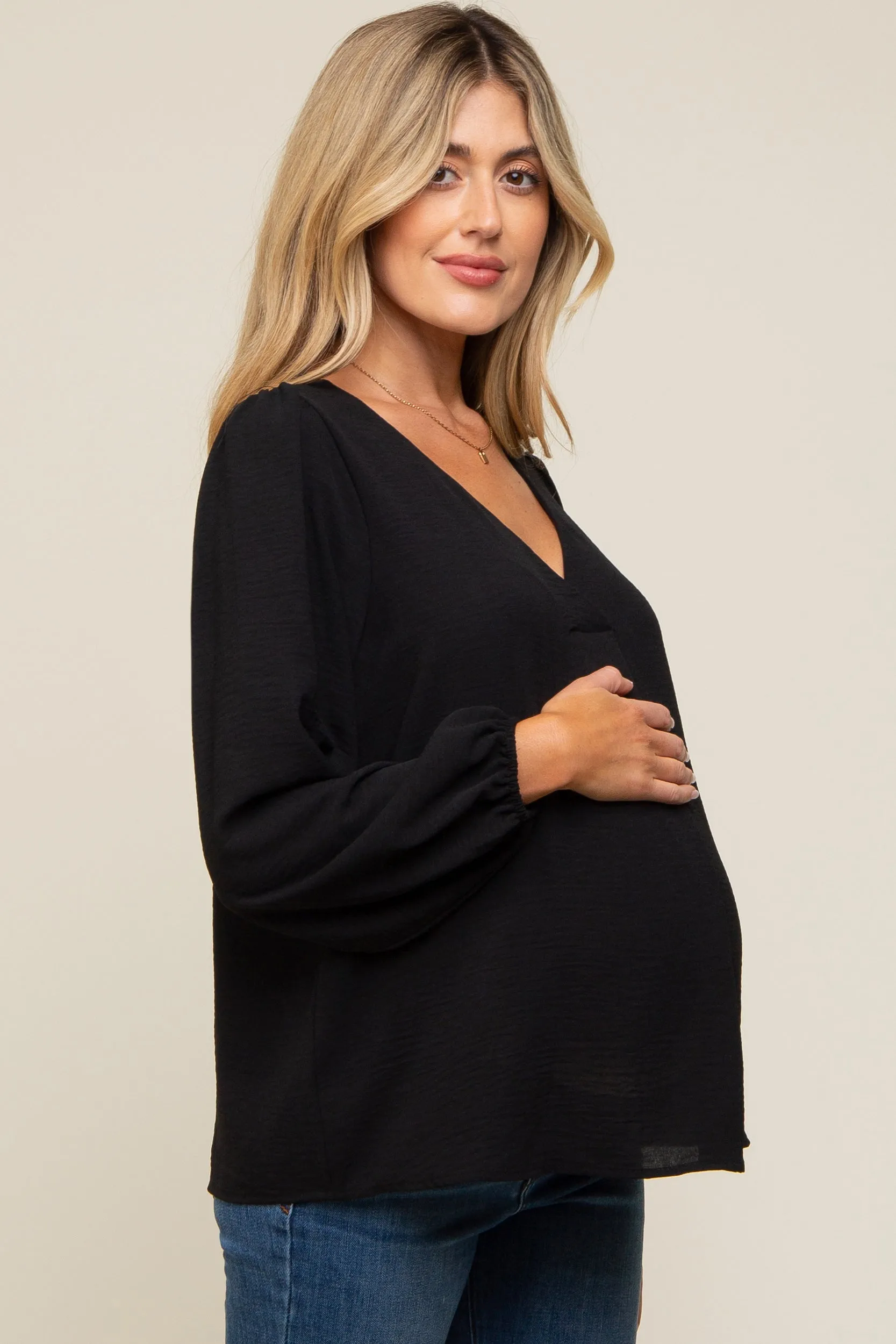 Black Long Puff Sleeve Maternity Blouse Top sold by Pinkblush product image thumbnail 2