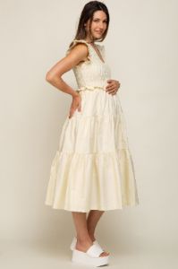 Cream Smocked Flutter Sleeve Tiered Maternity Midi Dress sold by Pinkblush