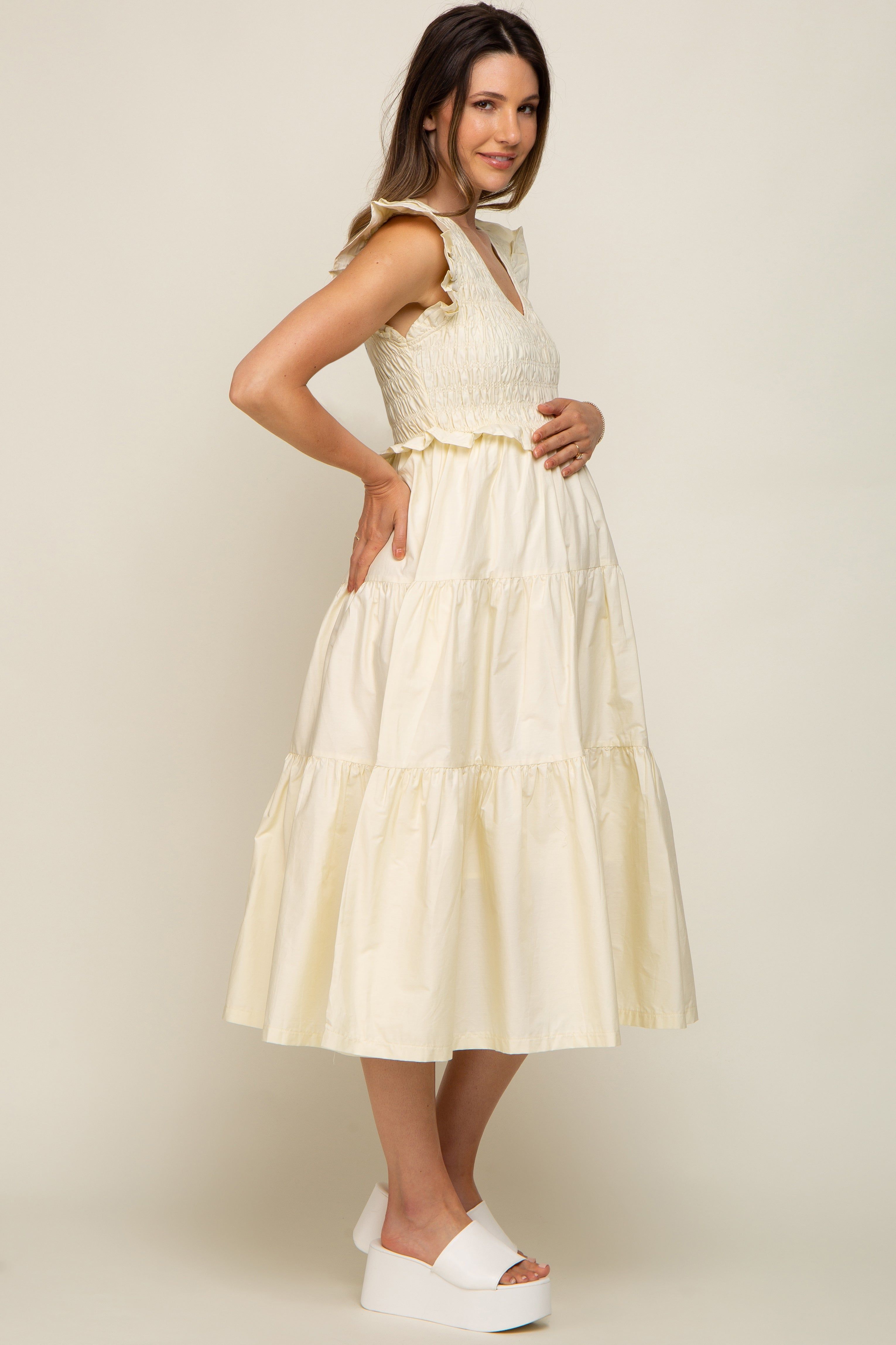 Cream Smocked Flutter Sleeve Tiered Maternity Midi Dress sold by Pinkblush product image thumbnail 2
