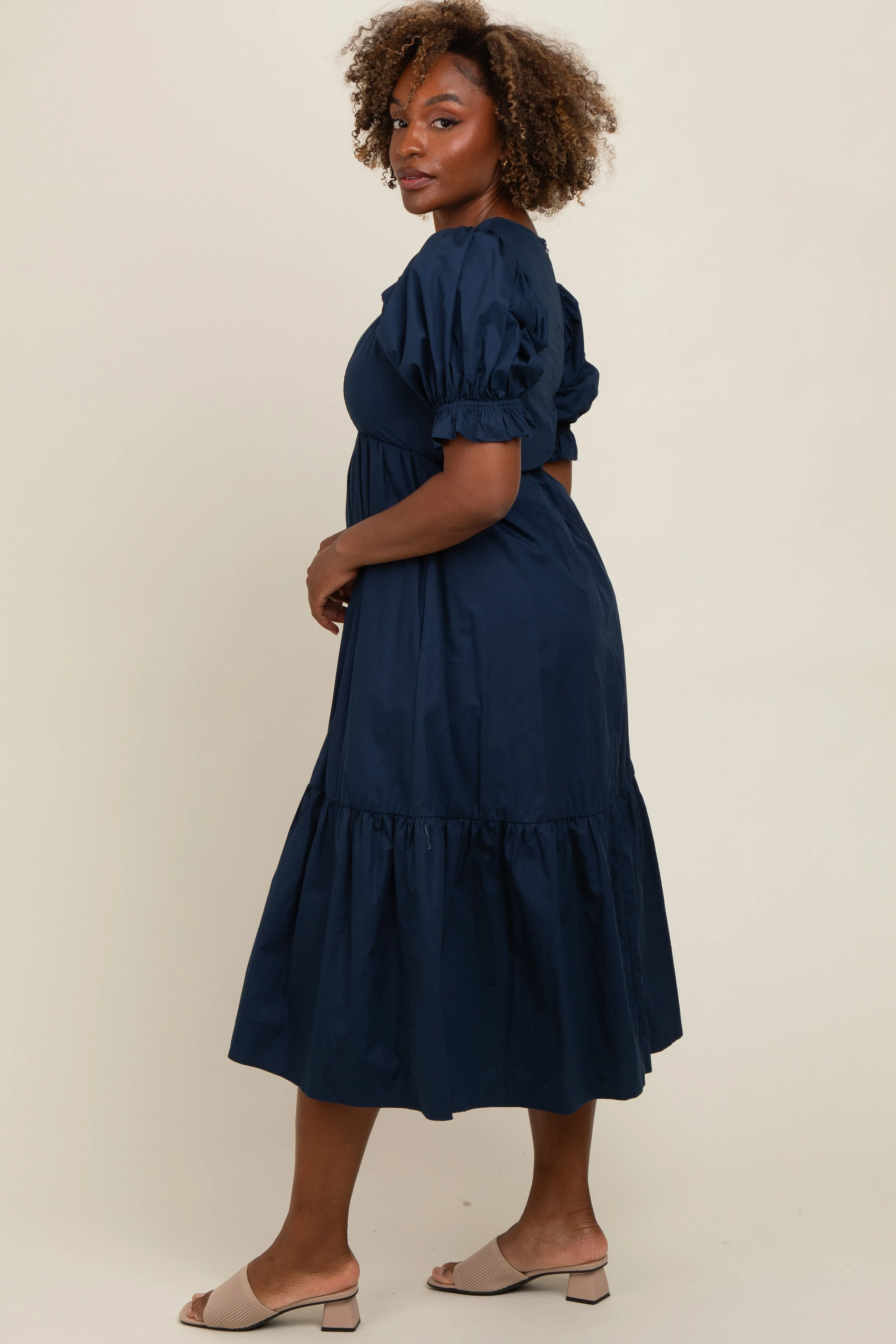 Navy Short Puff Sleeve Tiered Midi Dress sold by Pinkblush product image thumbnail 2