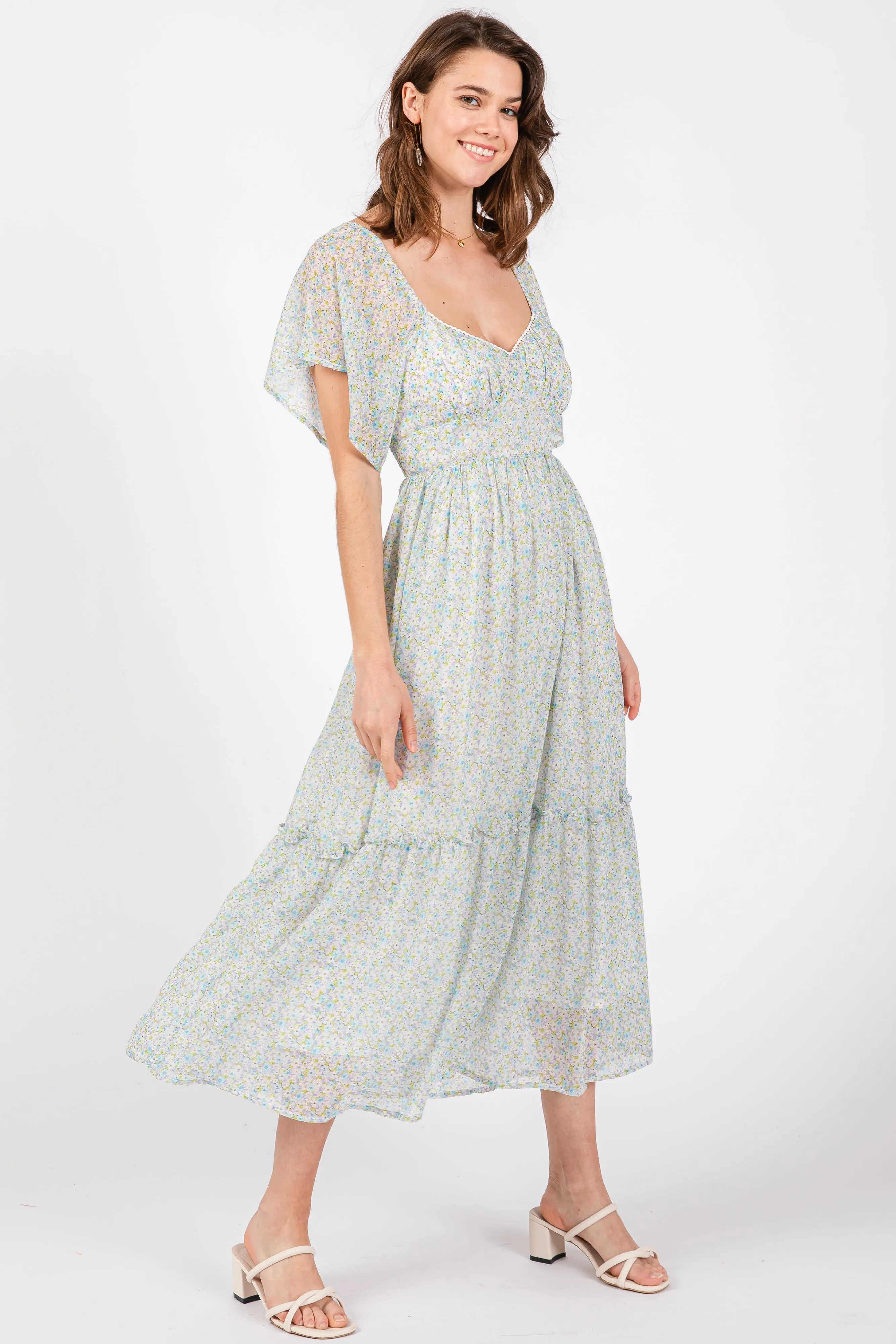Light Blue Floral Flounce Sleeve Midi Dress sold by Pinkblush product image thumbnail 2