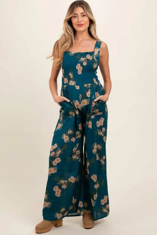 Teal Floral Smocked Maternity Jumpsuit sold by Pinkblush