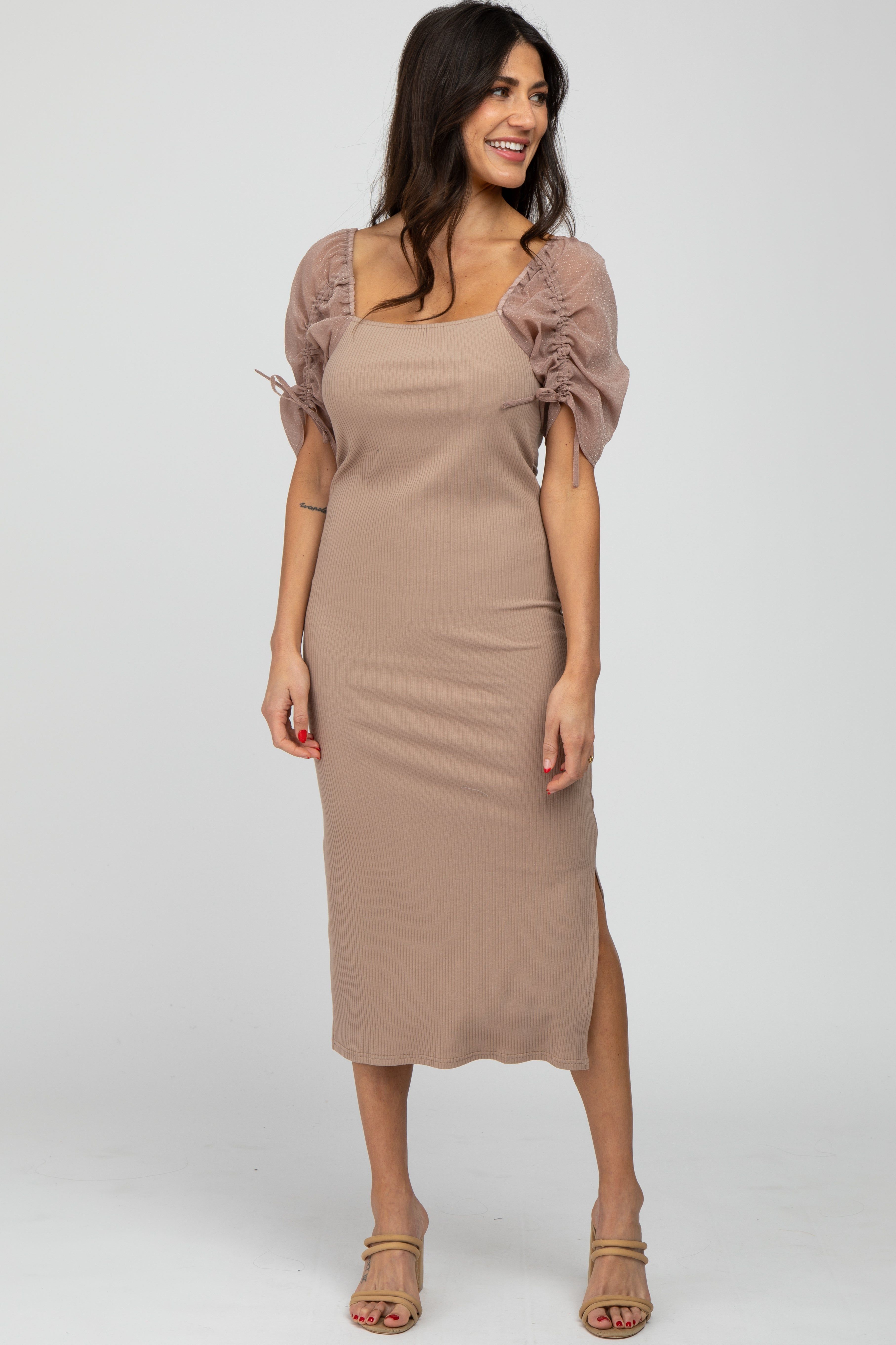 Mocha Ruched Sleeve Midi Dress sold by Pinkblush