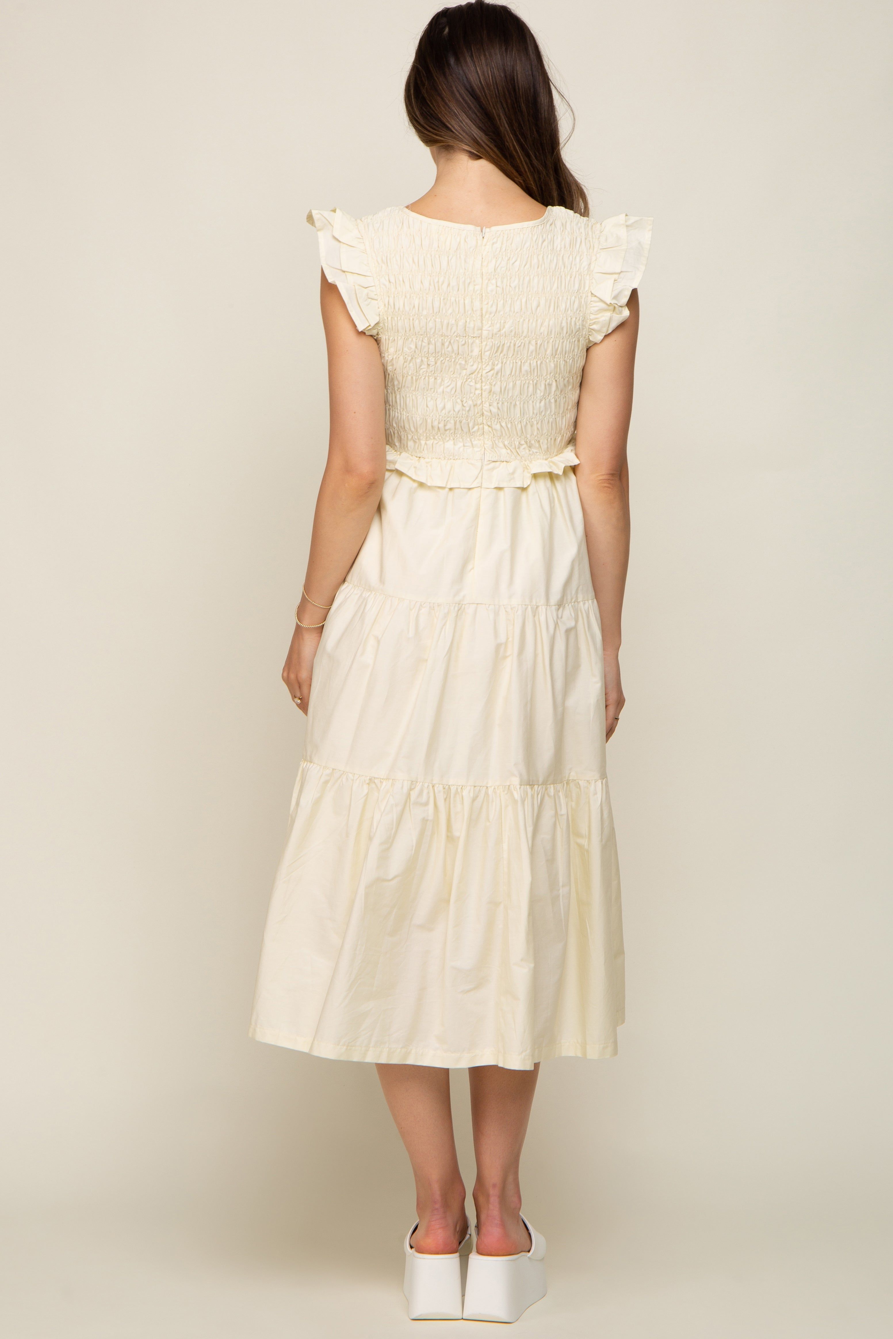 Cream Smocked Flutter Sleeve Tiered Maternity Midi Dress sold by Pinkblush product image thumbnail 3