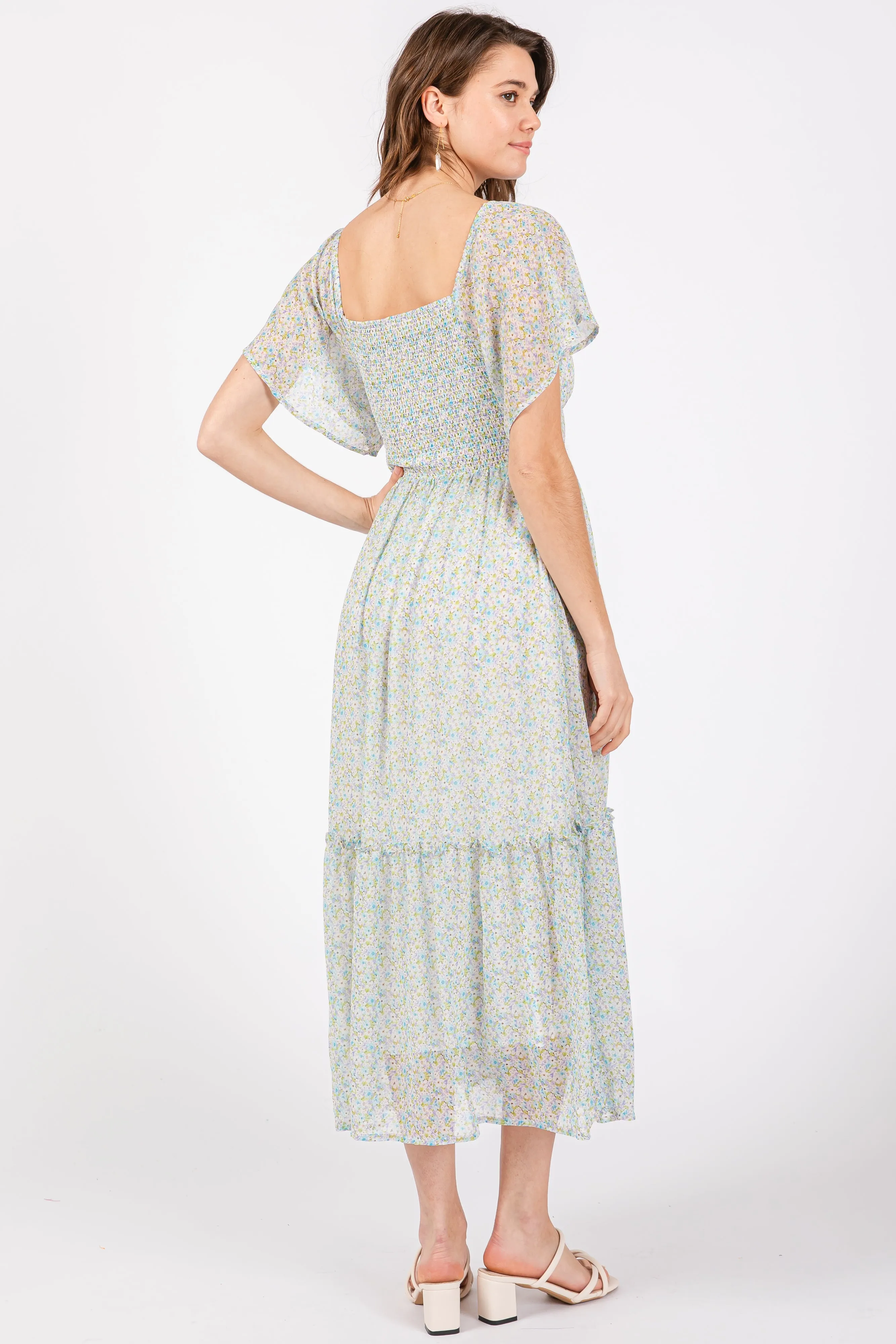 Light Blue Floral Flounce Sleeve Midi Dress sold by Pinkblush product image thumbnail 3